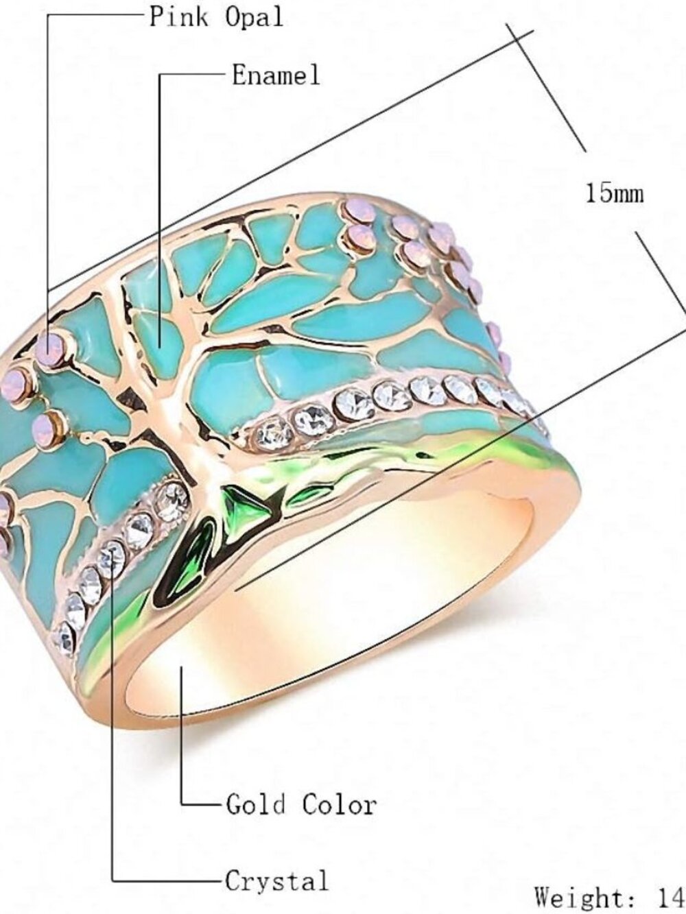 Lucky Flower Tree Rings Gold Pink Opal Green Enamel Wide Ring for Woman Party Cr - Picture 6 of 6